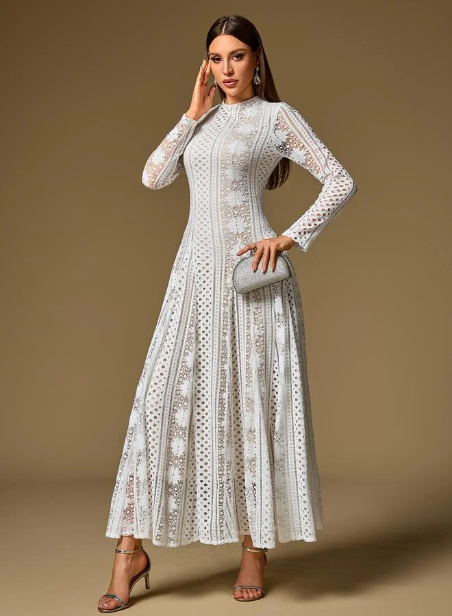 Take Two White Hollow Lace Mock Neck Maxi Dress