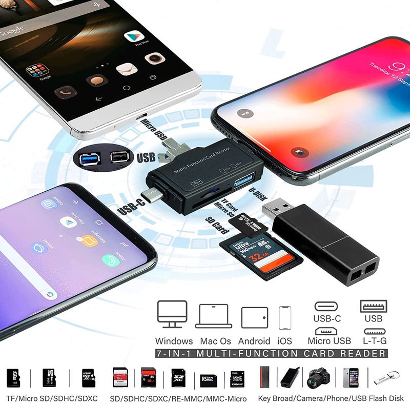 Farraige® Micro SD Card Reader for Android Type C Lightning USB, Micro SD Card to USB Adapter, USB C SD Card Reader for Camera Memory Card Reader, 7 in 1 SD Card Reader for PC Phone Pads - Image 3