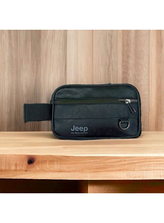 Jeep Men's luxury faux leather handbag with a stylish, modern design – multiple pockets with double zippers for perfect organization of your phone, wallet, and keys – durable material resistant to daily wear and tear – comfortable handle and practical capacity – suitable for outings, daily commutes, and travel – Black color - Image 2