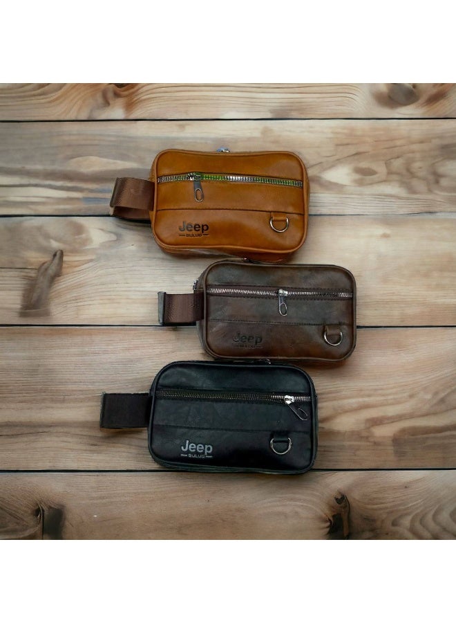 Jeep Men's luxury faux leather handbag with a stylish, modern design – multiple pockets with double zippers for perfect organization of your phone, wallet, and keys – durable material resistant to daily wear and tear – comfortable handle and practical capacity – suitable for outings, daily commutes, and travel – Black color - Image 3