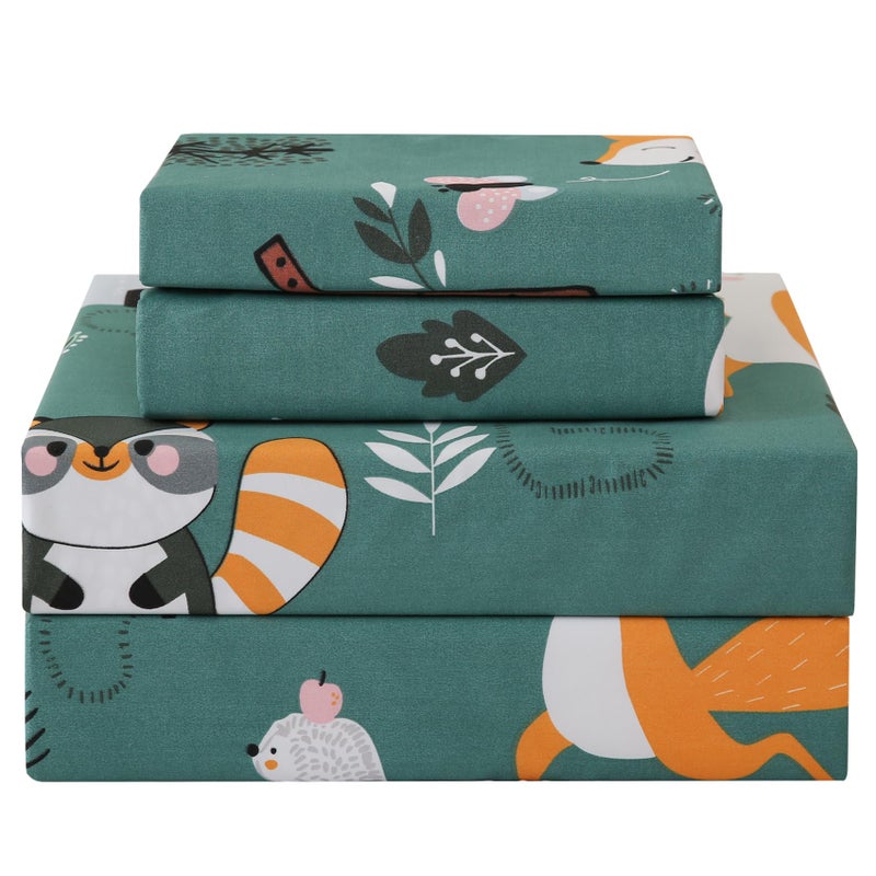 JSD Green Animal Forest Kids Sheet Set Full 4 Piece  Cute Printed Microfiber Bed Sheets for Girls Deep Pocket - Image 1
