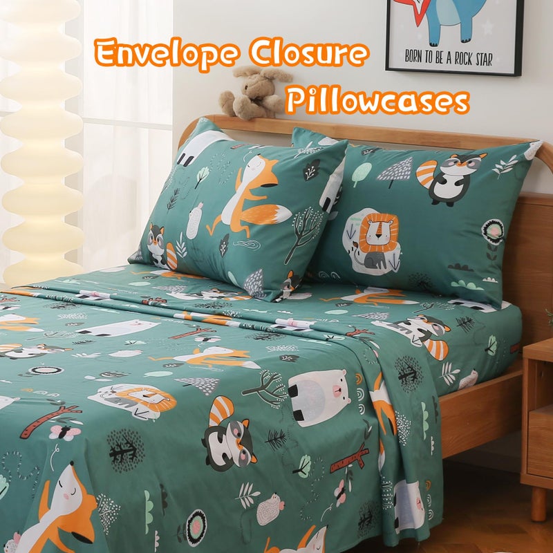 JSD Green Animal Forest Kids Sheet Set Full 4 Piece  Cute Printed Microfiber Bed Sheets for Girls Deep Pocket - Image 2