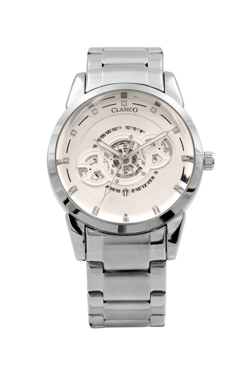 Clasico ساعة سيفيريكس للرجال بتصميم هيكل مفتوح – إصدار فضي وأبيض مع حزام معدني ناعم – حركة عيار النخبة Y121 – تصميم مقاوم للماء - Image 1