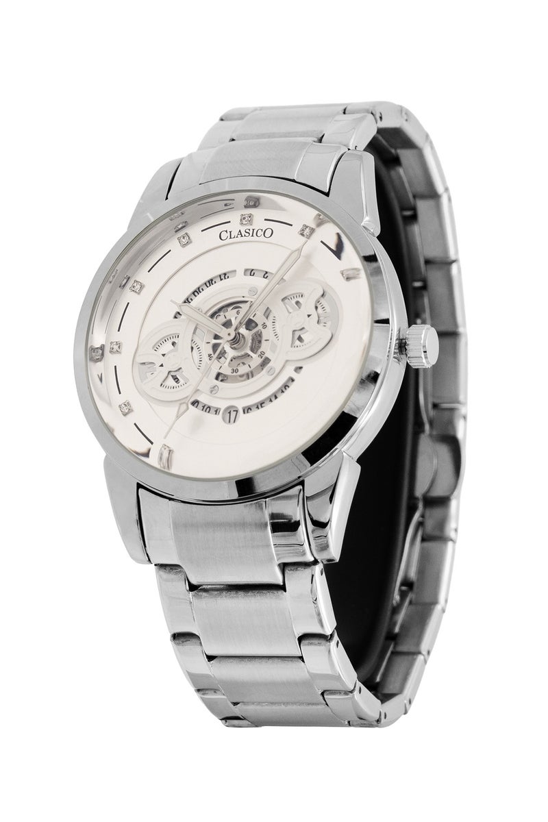 Clasico ساعة سيفيريكس للرجال بتصميم هيكل مفتوح – إصدار فضي وأبيض مع حزام معدني ناعم – حركة عيار النخبة Y121 – تصميم مقاوم للماء - Image 2