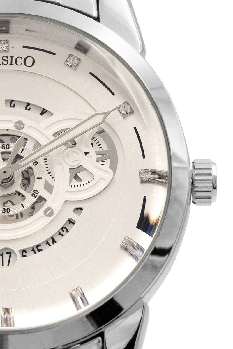 Clasico ساعة سيفيريكس للرجال بتصميم هيكل مفتوح – إصدار فضي وأبيض مع حزام معدني ناعم – حركة عيار النخبة Y121 – تصميم مقاوم للماء - Image 3