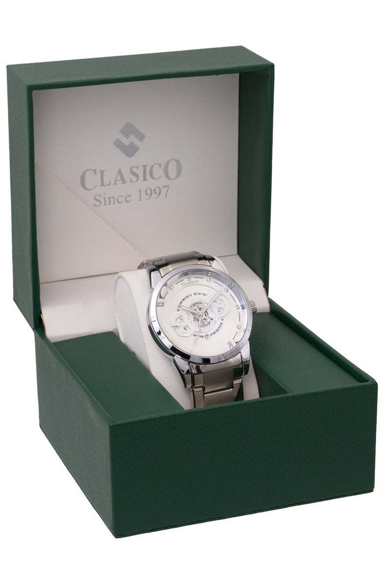 Clasico ساعة سيفيريكس للرجال بتصميم هيكل مفتوح – إصدار فضي وأبيض مع حزام معدني ناعم – حركة عيار النخبة Y121 – تصميم مقاوم للماء - Image 5