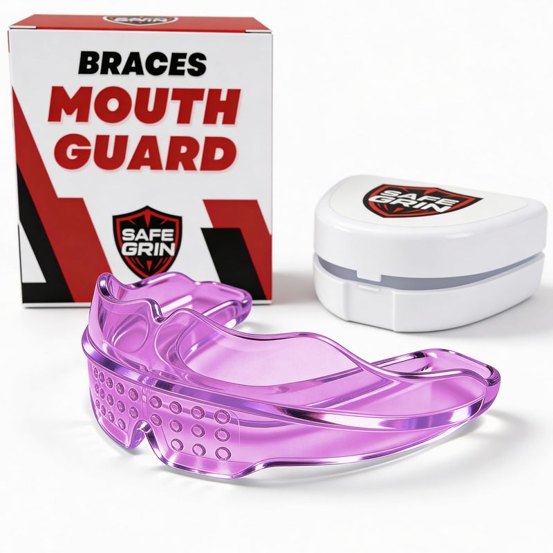 SAFE GRIN Mouth Guard for Sports - Premium Silicone Upper & Lower Teeth Protection - Football, Lacrosse, Hockey, Baseball - Fit for Youth and Teens (Pink, Mouthguard for Braces) - Image 1