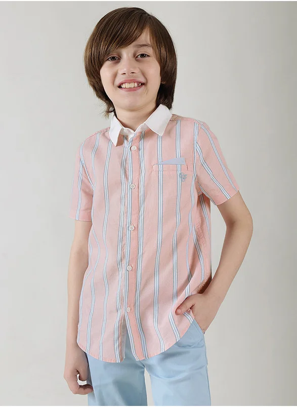 ون فرايدي One Friday Boys Pink Regular Fit Short Sleeve Striped Shirts