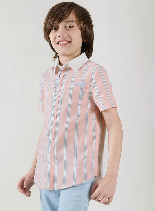 One Friday One Friday Boys Pink Regular Fit Short Sleeve Striped Shirts