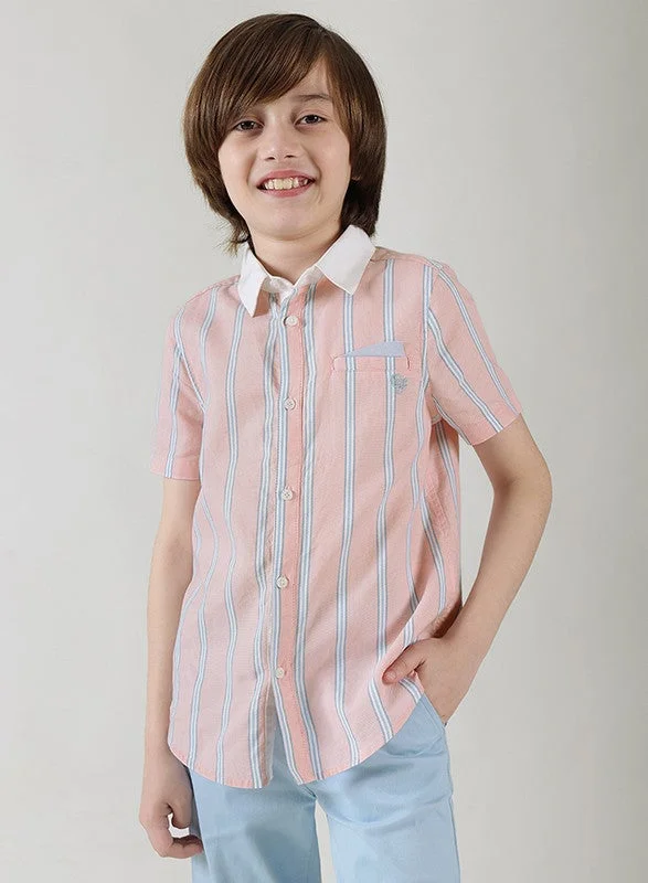 One Friday One Friday Boys Pink Regular Fit Short Sleeve Striped Shirts
