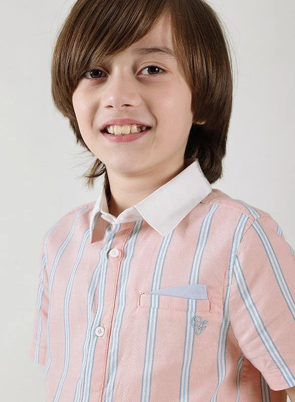 One Friday One Friday Boys Pink Regular Fit Short Sleeve Striped Shirts