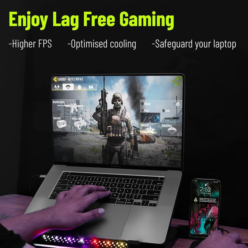 Archer Tech Lab Cooling Pad Stand for Gaming Laptop with RGB Lighting, 5 Turbo Cooler Fans, 5 Adjustable Angles, Aluminum Metal Grid, Phone Holder, Supports upto 17" Laptop for Gaming Work(Squall 200) - Image 2