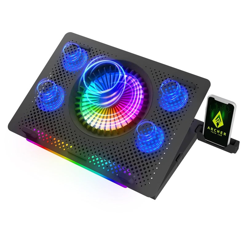 Archer Tech Lab Cooling Pad Stand for Gaming Laptop with RGB Lighting, 5 Turbo Cooler Fans, 5 Adjustable Angles, Aluminum Metal Grid, Phone Holder, Supports upto 17" Laptop for Gaming Work(Squall 200) - Image 1