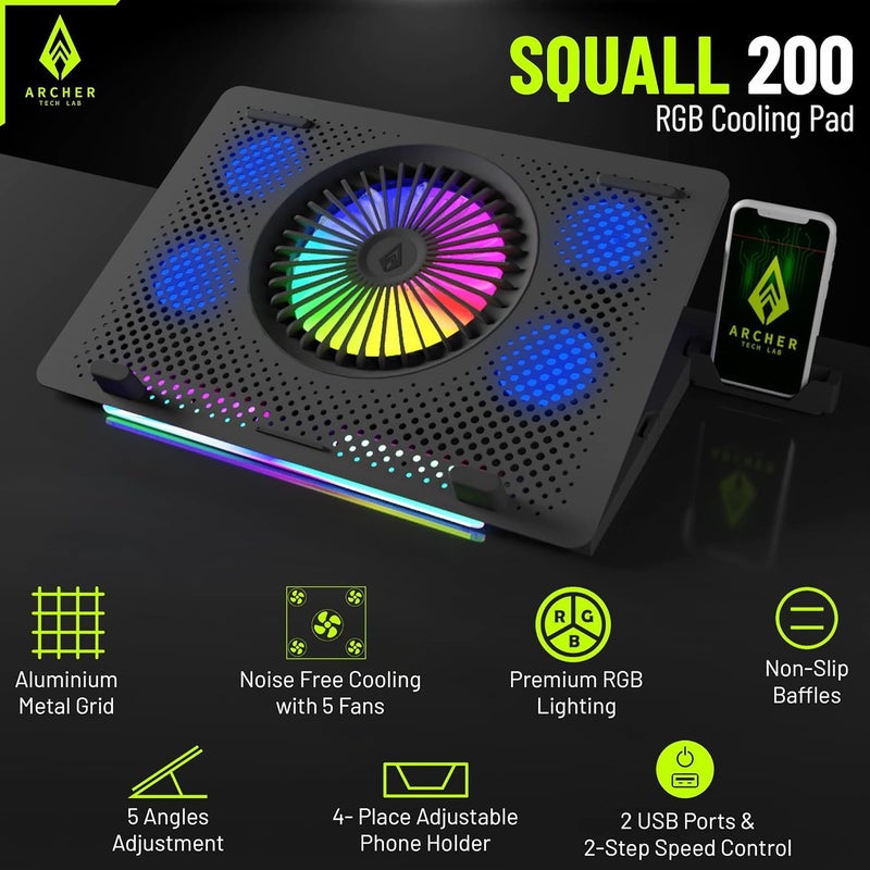 Archer Tech Lab Cooling Pad Stand for Gaming Laptop with RGB Lighting, 5 Turbo Cooler Fans, 5 Adjustable Angles, Aluminum Metal Grid, Phone Holder, Supports upto 17" Laptop for Gaming Work(Squall 200) - Image 3