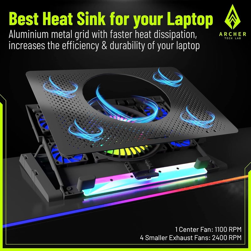 Archer Tech Lab Cooling Pad Stand for Gaming Laptop with RGB Lighting, 5 Turbo Cooler Fans, 5 Adjustable Angles, Aluminum Metal Grid, Phone Holder, Supports upto 17" Laptop for Gaming Work(Squall 200) - Image 5