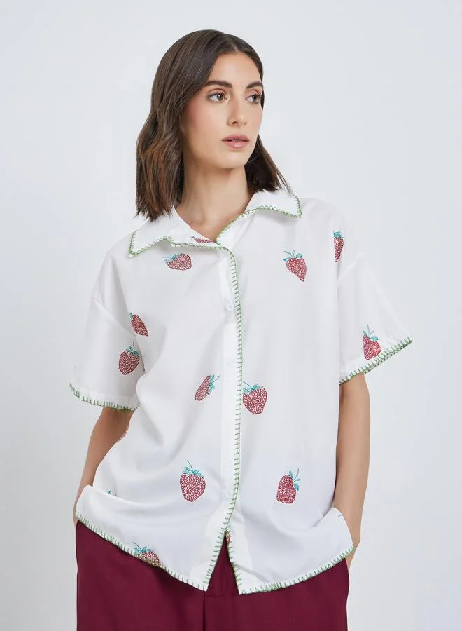 Take Two Take Two Women All-Over Strawberry Print Short Sleeve Oversized Shirt
