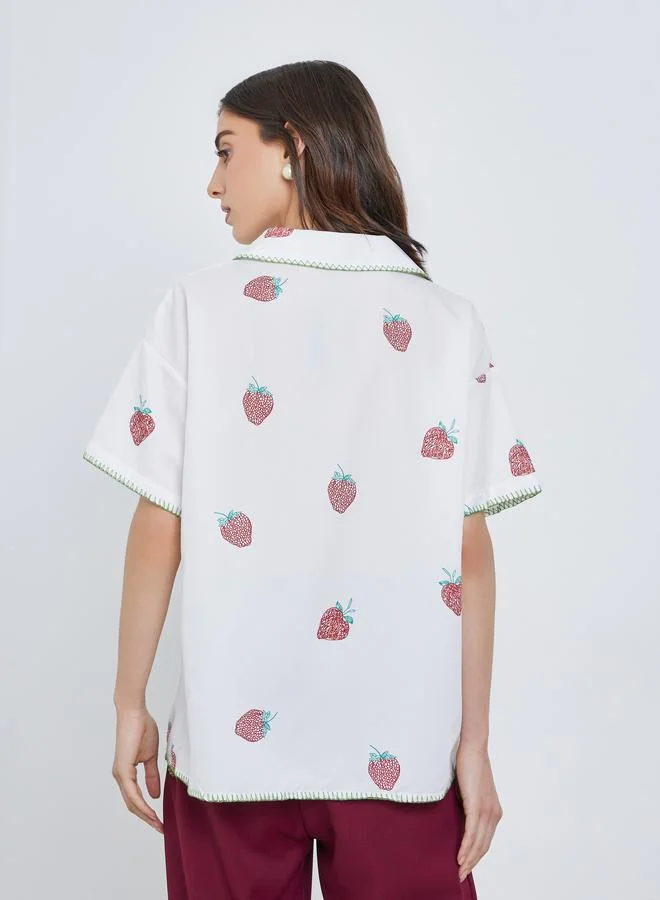 Take Two Take Two Women All-Over Strawberry Print Short Sleeve Oversized Shirt