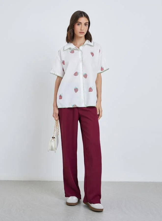 Take Two Women All-Over Strawberry Print Short Sleeve Oversized Shirt
