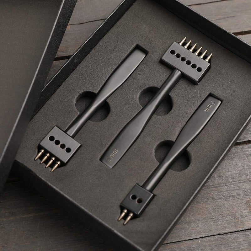 DIUDUS Leather Hole Punch, Prong Punch, Black Hole Punch Tool 5mm, 2/4/6 Lacing Stitching Punch, Round Hole Prong Stitching Chisel Set Leather Working Tools for Leathercraft - Image 3