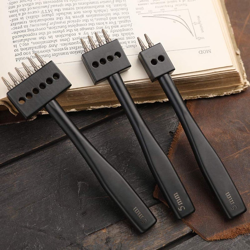 DIUDUS Leather Hole Punch, Prong Punch, Black Hole Punch Tool 5mm, 2/4/6 Lacing Stitching Punch, Round Hole Prong Stitching Chisel Set Leather Working Tools for Leathercraft - Image 4