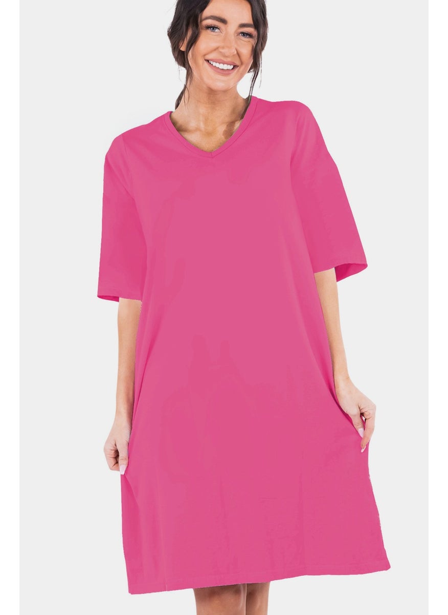 Plain Fuchsia V Neck Half Sleeve Knee Length Comfortable Home Dress Nightgown - pzsku/Z046BA31F879448637702Z/45/_/1739291076/ebe1fa86-95ea-4254-a45a-088852928efb