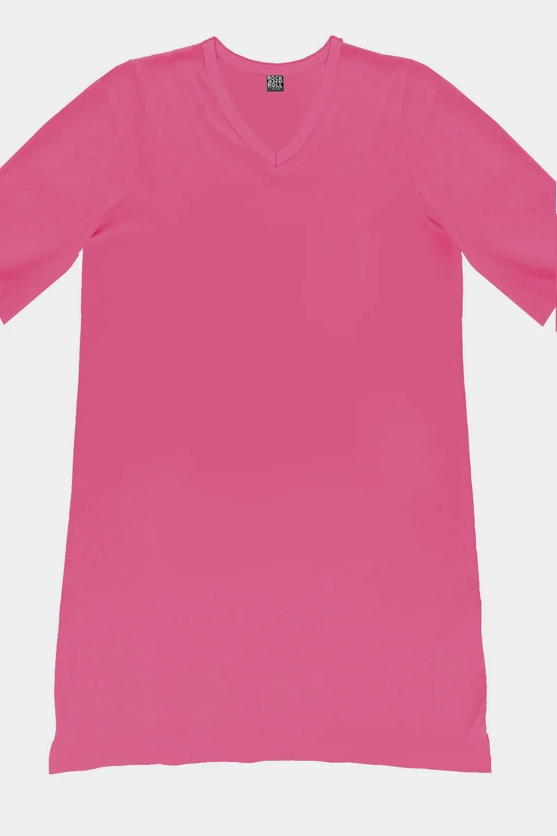 روك اند رول Plain Fuchsia V Neck Half Sleeve Knee Length Comfortable Home Dress Nightgown