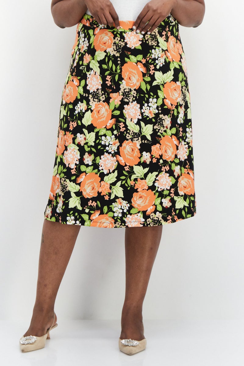 Kasper  Women Plus Size Floral Printed Midi Skirt, Black Combo - Image 1