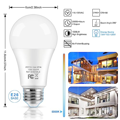 Brightever LED Light Bulbs, 100 Watt Equivalent A19, 13W 5000K Daylight White 1500 Lumens Non-Dimmable Bright E26 Edison Medium Screw Bulbs for Home Bedroom Kitchen Living Room Office Lamp, 4-Pack - Image 2