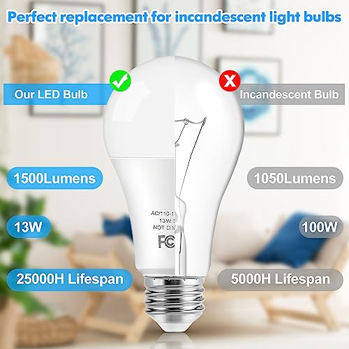 Brightever LED Light Bulbs, 100 Watt Equivalent A19, 13W 5000K Daylight White 1500 Lumens Non-Dimmable Bright E26 Edison Medium Screw Bulbs for Home Bedroom Kitchen Living Room Office Lamp, 4-Pack - Image 4