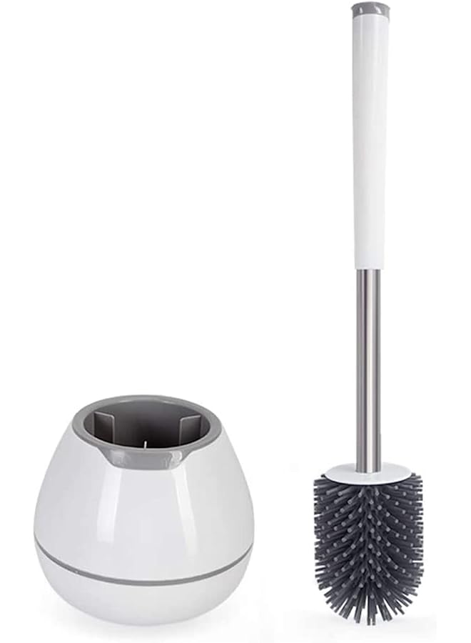 promass Toilet Brush and Holder Set, Silicone Bristles Bathroom Cleaning Bowl Brush Kit with Tweezers, Bathroom Accessories with Aluminum Handle - White - Image 1