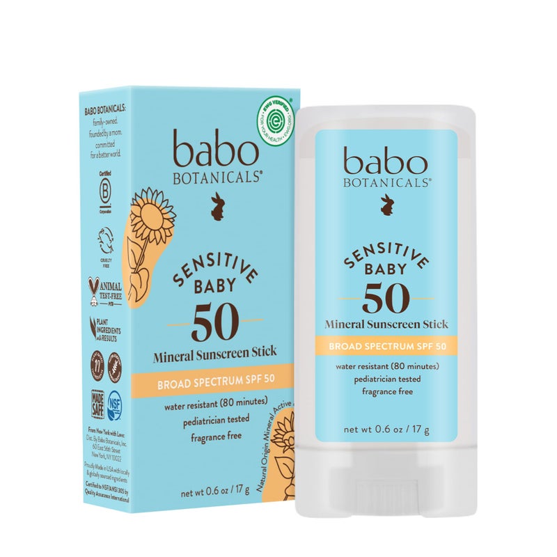 Babo Botanicals Sensitive Baby Mineral Sunscreen Stick SPF 50 - 70% Organic Ingredients - Zinc Oxide - NSF & MADE SAFE and EWG Certified - Water Resistant - Fragrance-Free - Babies & Kids - Image 1