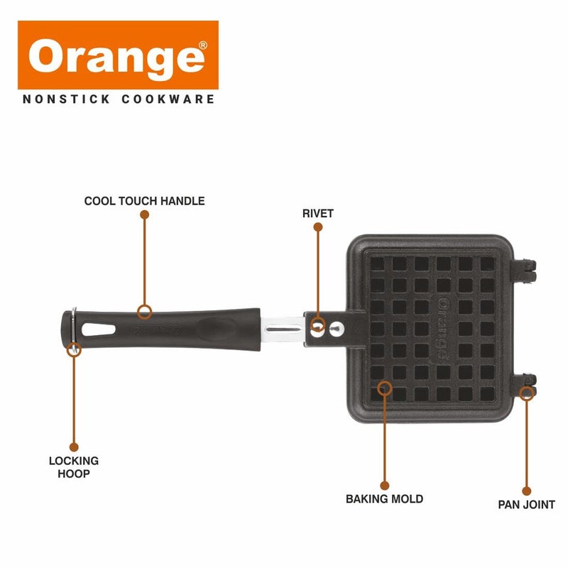Orange NonStick WafflePancake Maker Gas stove Compatible Super Heavy Comfortable Cool Touch Long Handles Scratch Proof Easy Waffle Release Black Color - Image 4
