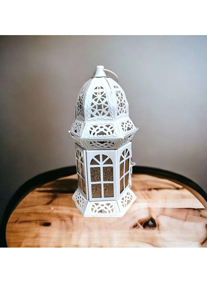 White Decorative Ramadan Lantern – Metal & Glass, Dome Shape, 30cm - Image 1
