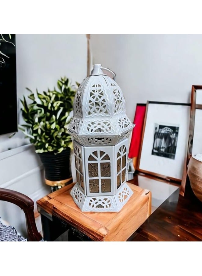 White Decorative Ramadan Lantern – Metal & Glass, Dome Shape, 30cm - Image 2