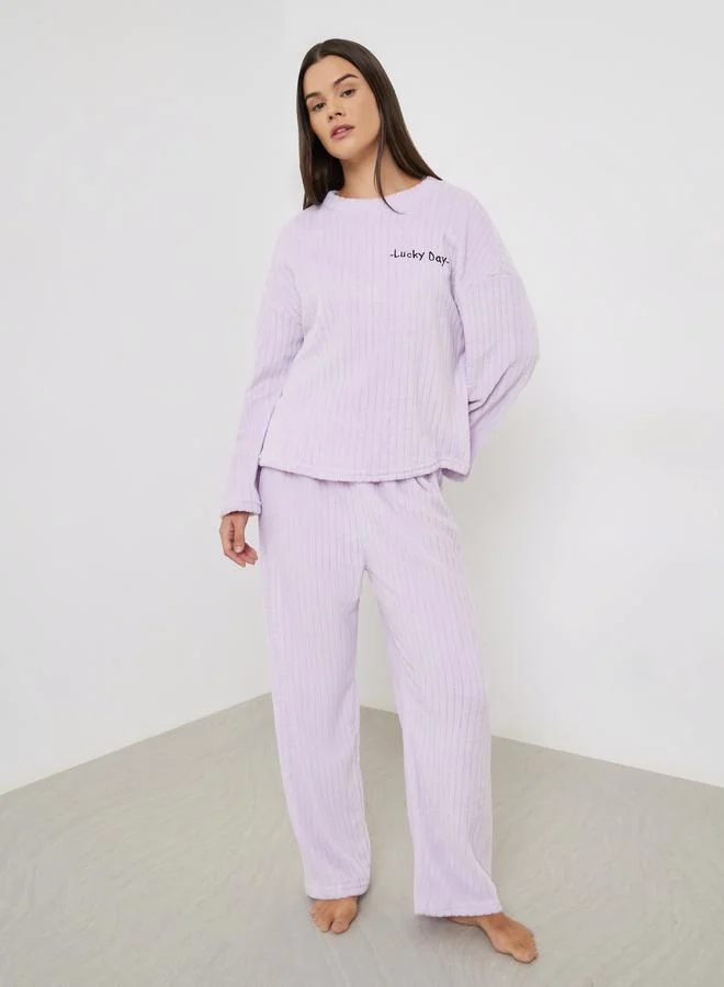 Styli Lilac Self Striped Fleece Long Sleeve Top and Pyjama Set