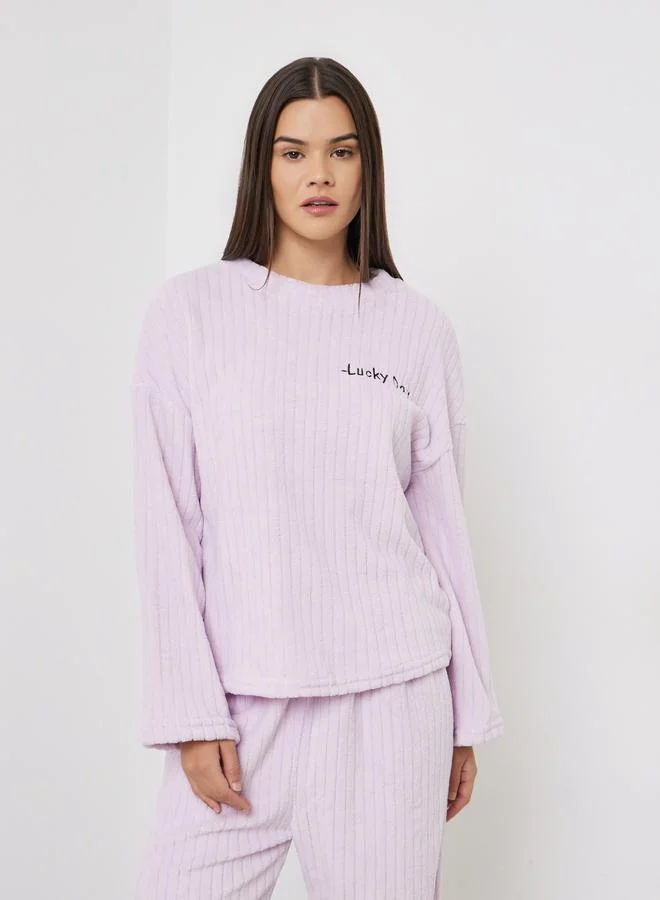 Styli Lilac Self Striped Fleece Long Sleeve Top and Pyjama Set