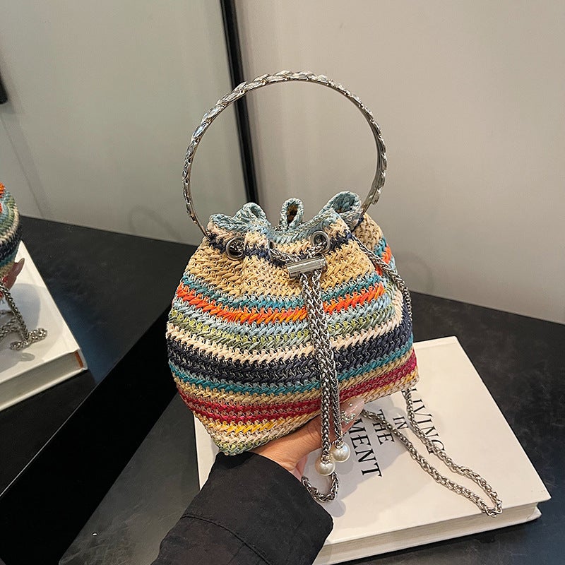 Niche Trendy Contrast Color Woven Bag Women'S 2024 Simple Casual Bucket Bag Hand-Held Evening Bag