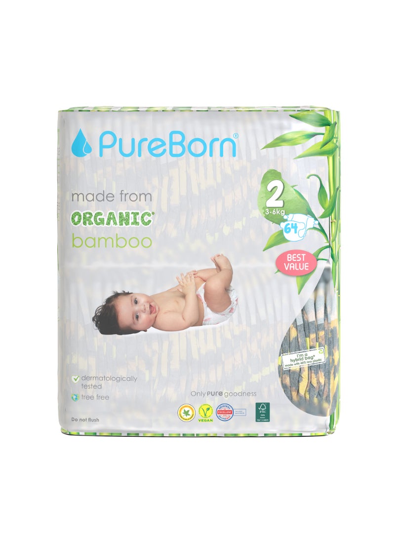 PureBorn Organic Diapers Size-2 3-6kg Twin Value Pack Leopard Print 64 Diapers  - Image 1