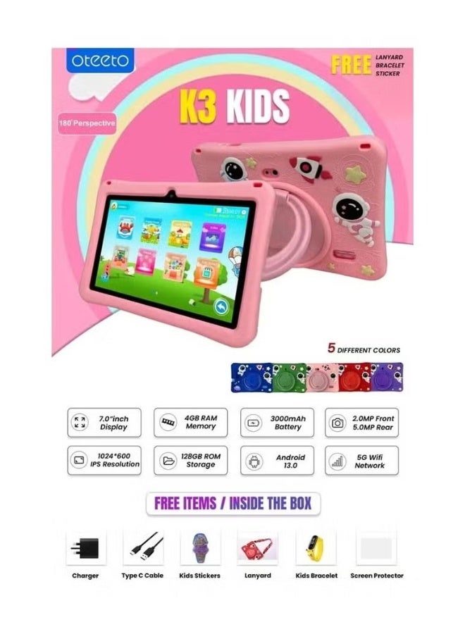 Oteeto Oteeto K3 Kids Tablet 7 Inch Android 13 Learning Tablet for Toddlers and Children 128GB WiFi Dual Camera Parental Controls Preloaded Educational Apps Shockproof Case Safe Kids Tablet with YouTube Touchscreen Device for Preschool Kindergarten and Early Learning - Image 4