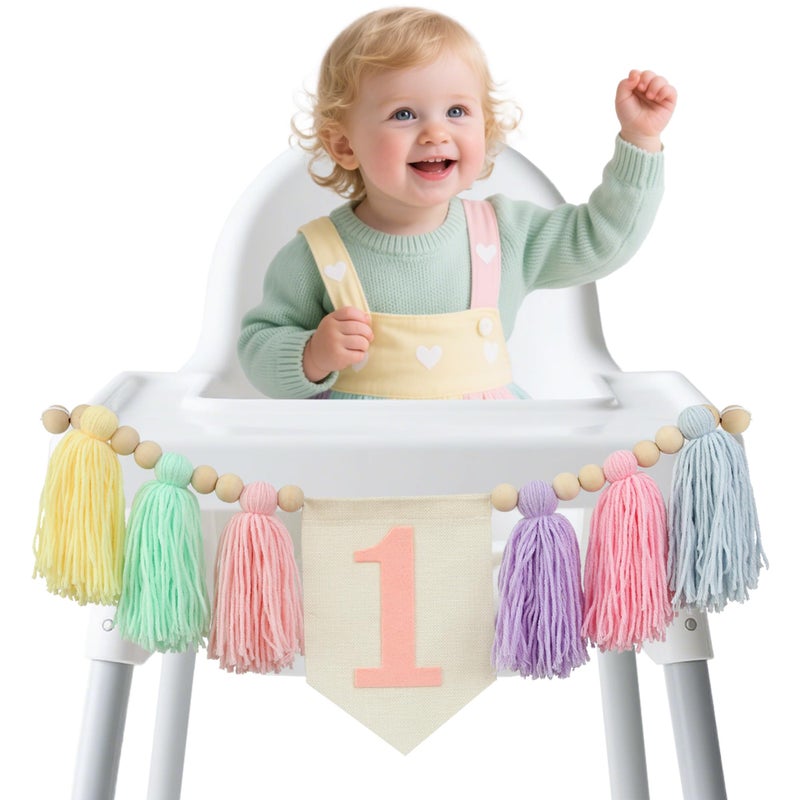 Ereniko Boho Macaron Handmade 1st Birthday High Chair Banner First Highchair Banner For Baby Girls Wood Bead Tassel Garland 1 Birthday Party Decorations Princess Photoshoot Props Photo Props - Image 4