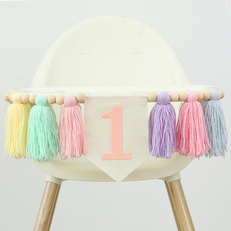 Ereniko Boho Macaron Handmade 1st Birthday High Chair Banner First Highchair Banner For Baby Girls Wood Bead Tassel Garland 1 Birthday Party Decorations Princess Photoshoot Props Photo Props - Image 1