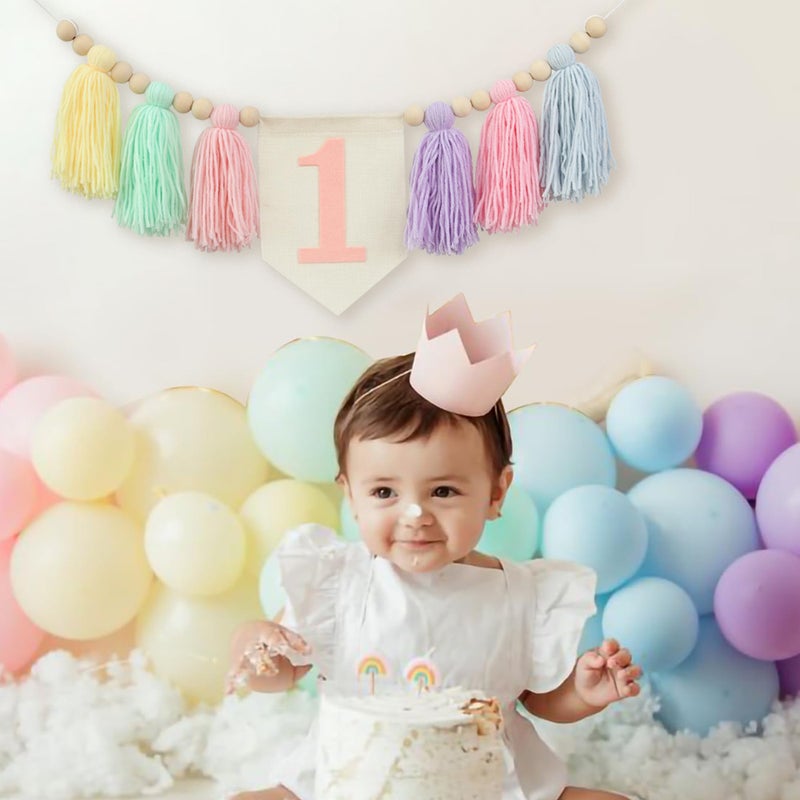 Ereniko Boho Macaron Handmade 1st Birthday High Chair Banner First Highchair Banner For Baby Girls Wood Bead Tassel Garland 1 Birthday Party Decorations Princess Photoshoot Props Photo Props - Image 3