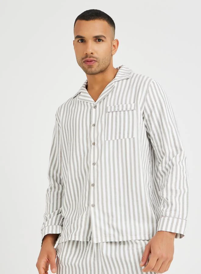ستايلي Styli Striped Long Sleeve Shirt and Shorts Pyjama Set