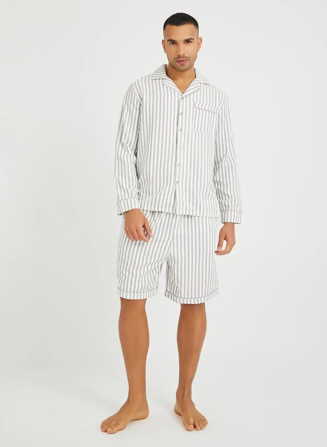 ستايلي Styli Striped Long Sleeve Shirt and Shorts Pyjama Set