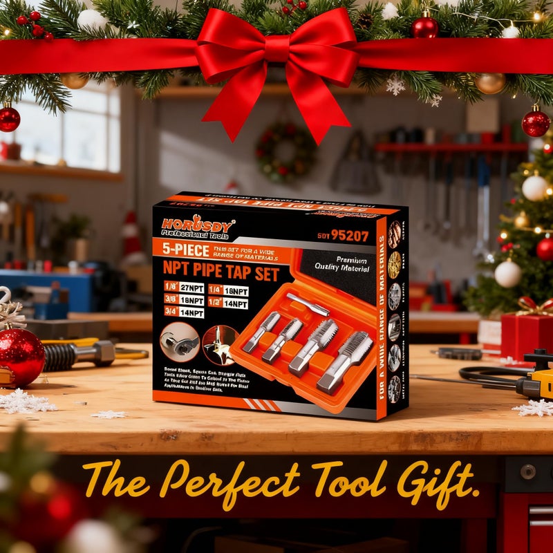 HORUSDY 5-Piece NPT Pipe Tap Kit with Heavy-Duty Storage Case, Premium Carbon Steel Threading Tools, 1/8"â€“3/4" Tapered Pipe Taps for Fast, Clean & Reliable Plumbing Repairs - Image 2