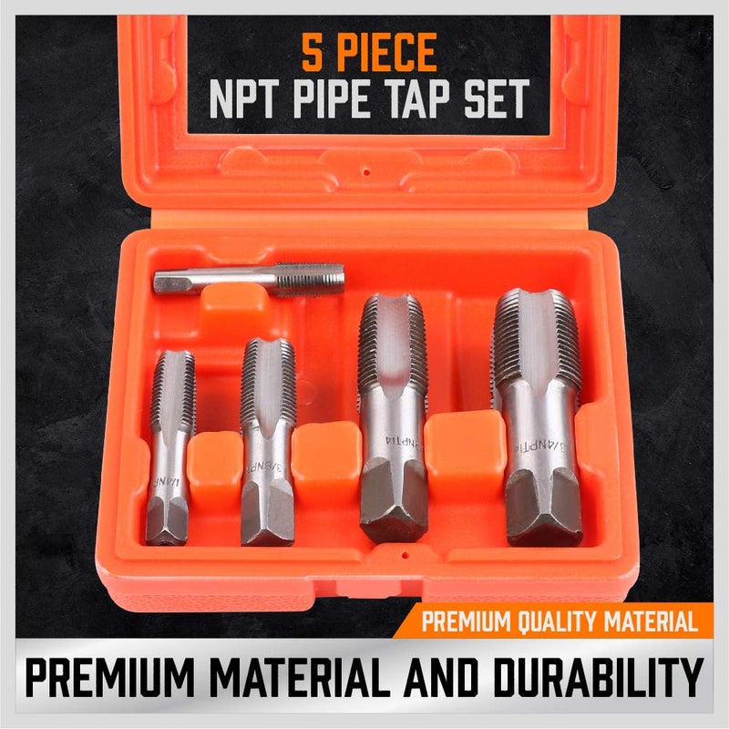 HORUSDY 5-Piece NPT Pipe Tap Kit with Heavy-Duty Storage Case, Premium Carbon Steel Threading Tools, 1/8"â€“3/4" Tapered Pipe Taps for Fast, Clean & Reliable Plumbing Repairs - Image 3