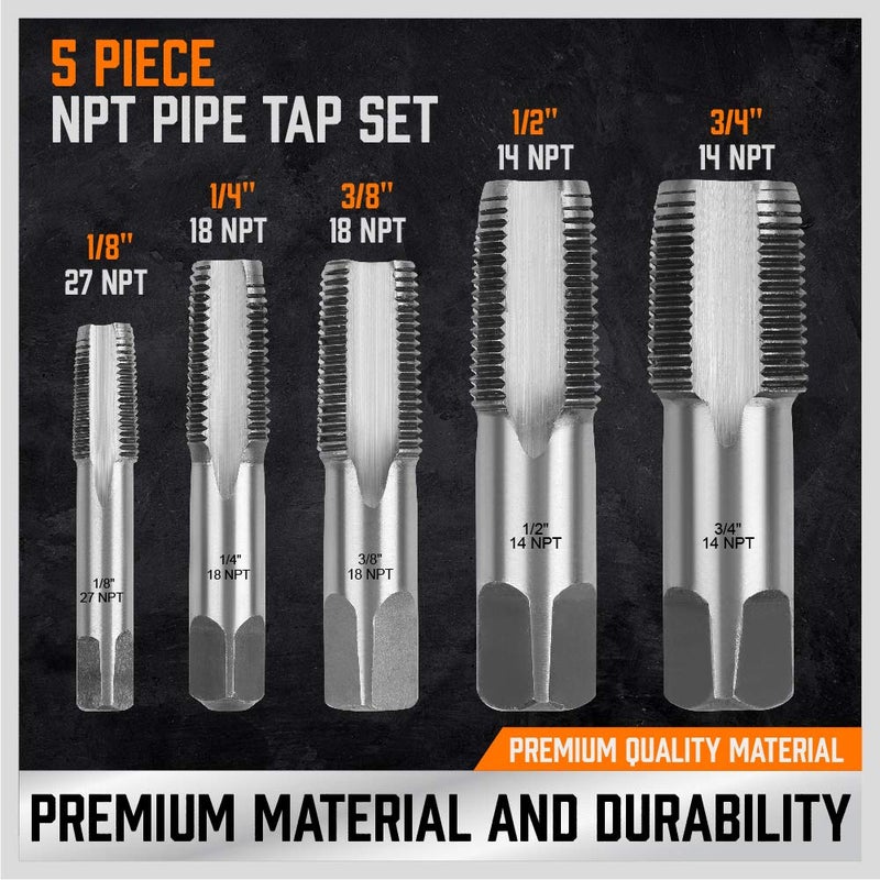 HORUSDY 5-Piece NPT Pipe Tap Kit with Heavy-Duty Storage Case, Premium Carbon Steel Threading Tools, 1/8"â€“3/4" Tapered Pipe Taps for Fast, Clean & Reliable Plumbing Repairs - Image 4