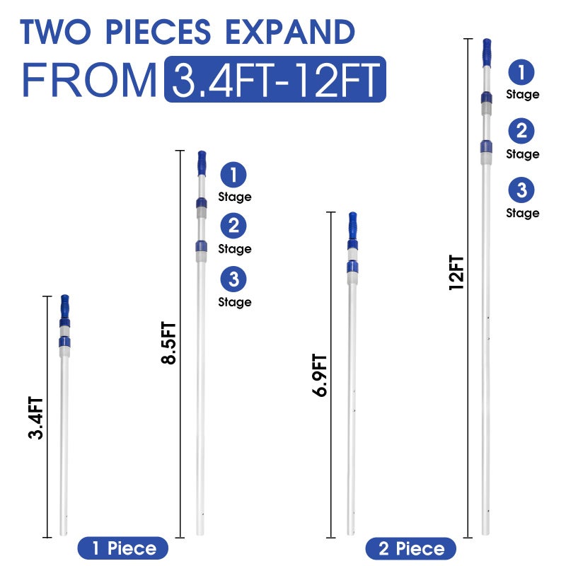 Poolvio 12 FT Telescopic Swimming Pool Pole - Adjustable 2 Piece Aluminum Pool Pole for Pool Cleaning Skimmer Nets Vacuum Heads & Brushes, Strong Grip & Lock - Image 5