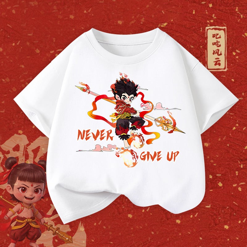 Boys' Pure Cotton Short-Sleeved Nezha Cartoon Summer Style Medium And Large Kidsren'S Loose Kidsren'S Casual Breathable T-Shirt - Image 3