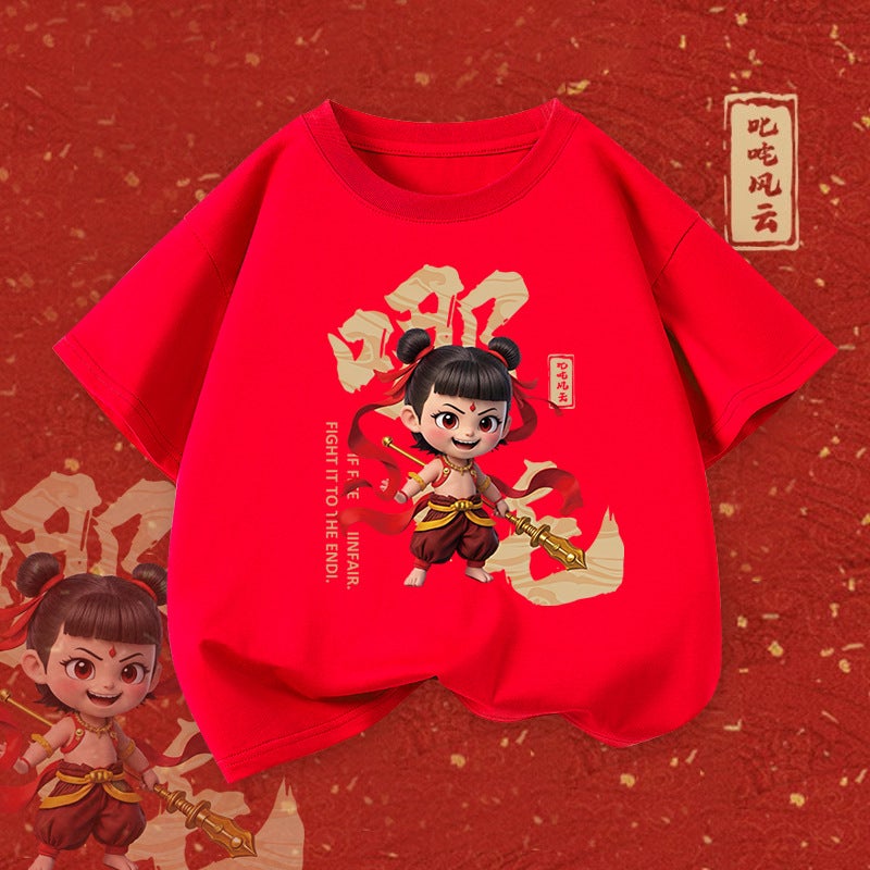 Boys' Pure Cotton Short-Sleeved Nezha Cartoon Summer Style Medium And Large Kidsren'S Loose Kidsren'S Casual Breathable T-Shirt - Image 1